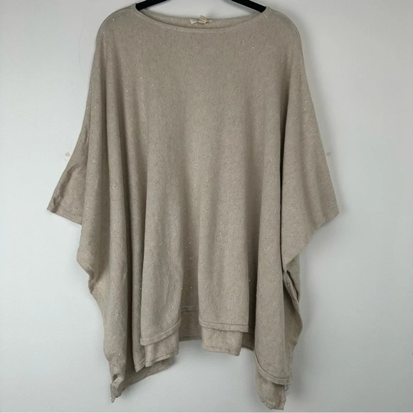 Eileen Fisher Women’s Poncho Sweater One Size Tan Sequin Silk Organic Cotton - Picture 1 of 6
